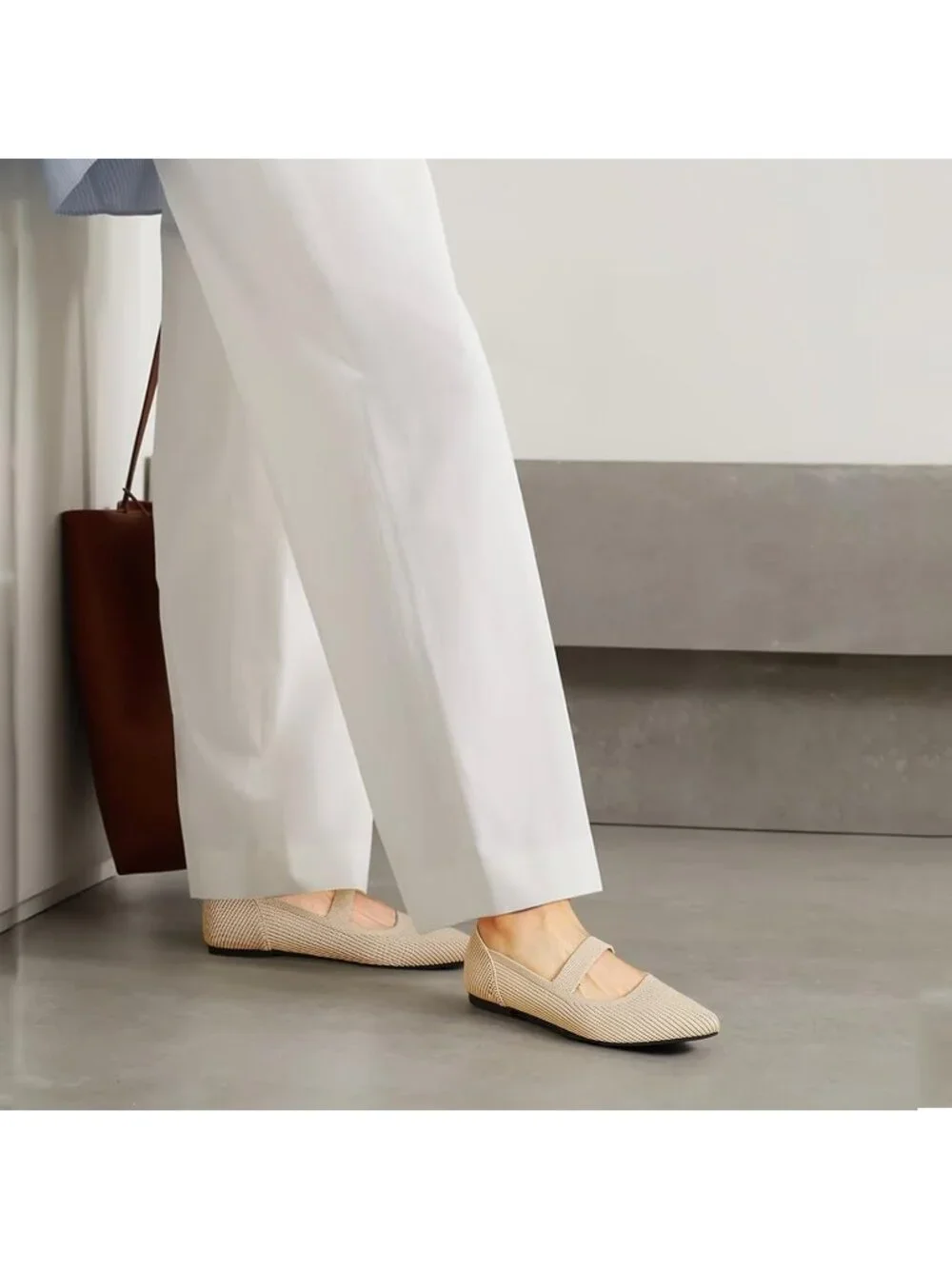Women's Beige Knit Mary Jane Flats Pointed Toe Pull On Comfortable Flats Shoes